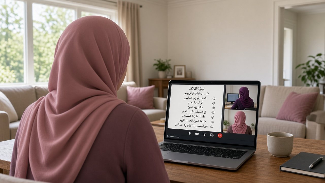 A sister, seen from behind, in an online Quran class on her laptop at home: her female teacher, on video from behind, shares a Quran page on screen